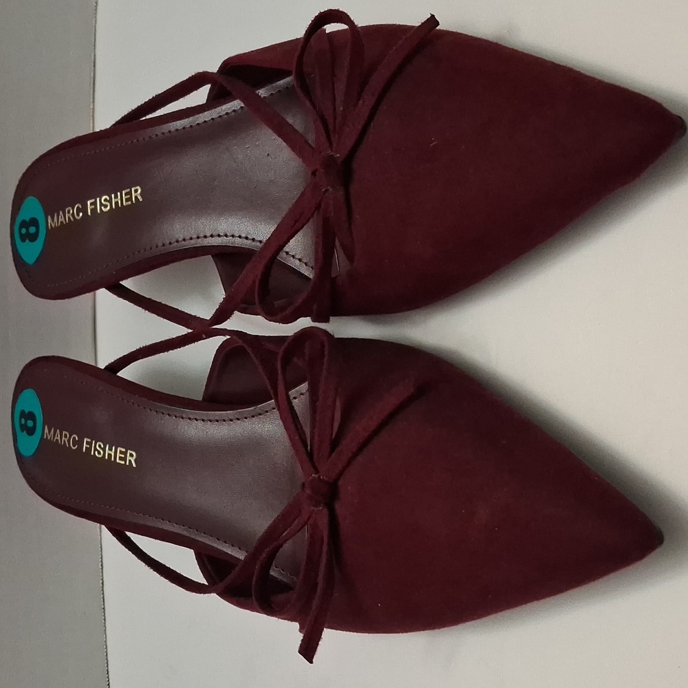 Marc Fisher size 8 women's burgundy red pointed-toe mules with bow detail.